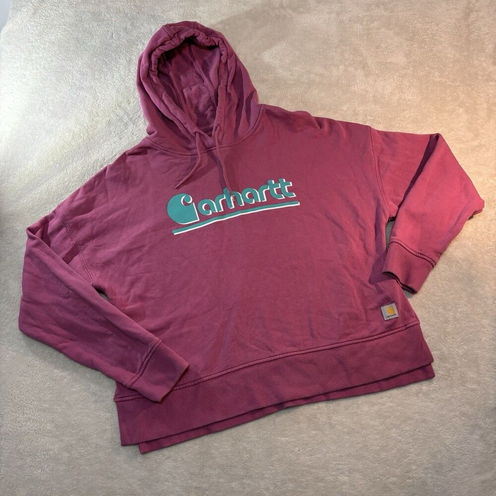 Carhartt Hoodie Womens Large Pink Blue Logo Graphic Tencel Midweight Loose Fit